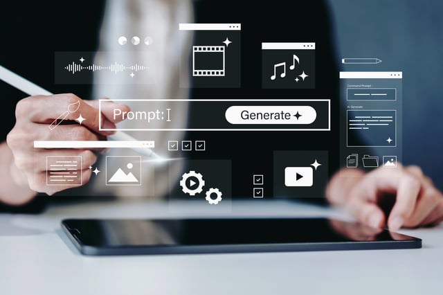 Business-woman-using-ai-powered-content-generation-interface-with-prompt-input-chatbot-robot-icon-and-multimedia-creation-tools-for-text-image-video-and-audio-workflow-on-digital-tablet